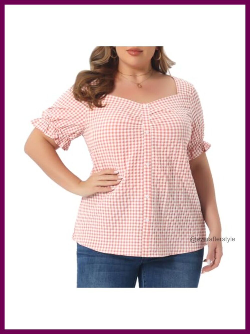 Plus Size Gingham Sweetheart Neck Flounce Sleeve Blouse